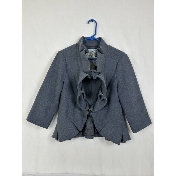 Tabitha Crop Jacket Women's 10 Blue Gray Wool Blend Ruffle 3/4 Sleeve Artsy - Picture 1 of 9